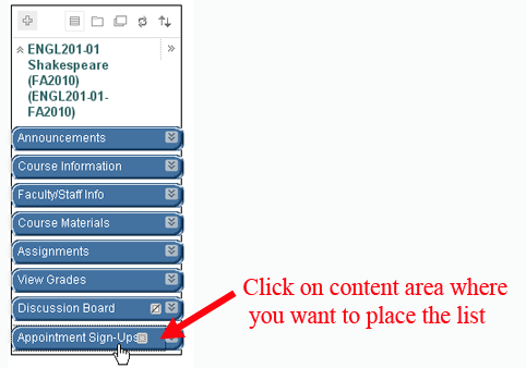 Click on Content Area for List
