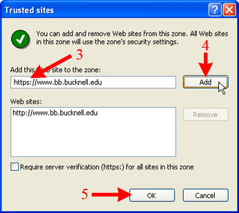 Add Secure Blackboard Server as Trusted Site
